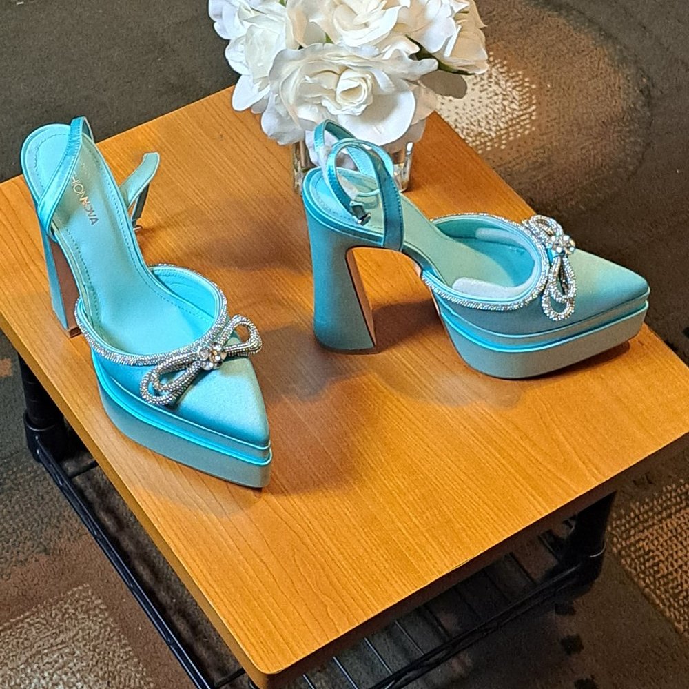 Fashion Nova Turquoise Satin Platform Slingback Heels with Rhinestone Bow